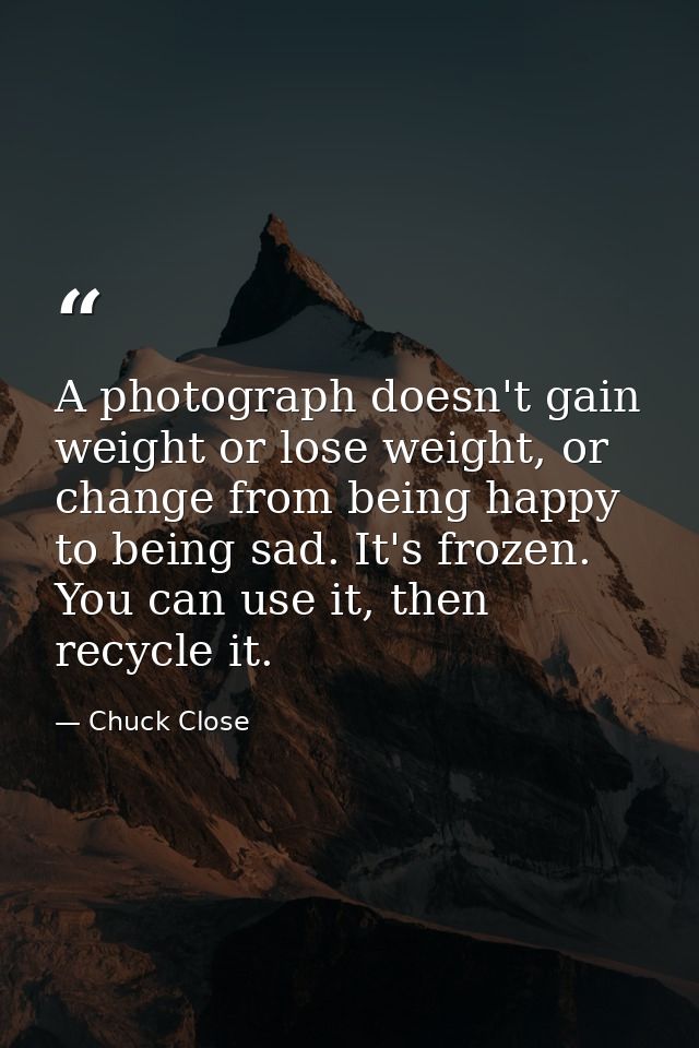 A photograph doesn't gain weight or lose weight, or change from being happy to being sad. It's frozen. You can use it, t — Chuck Close