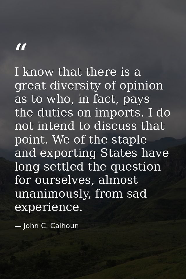 I know that there is a great diversity of opinion as to who, in fact, pays the duties on imports. I do not intend to dis — John C. Calhoun