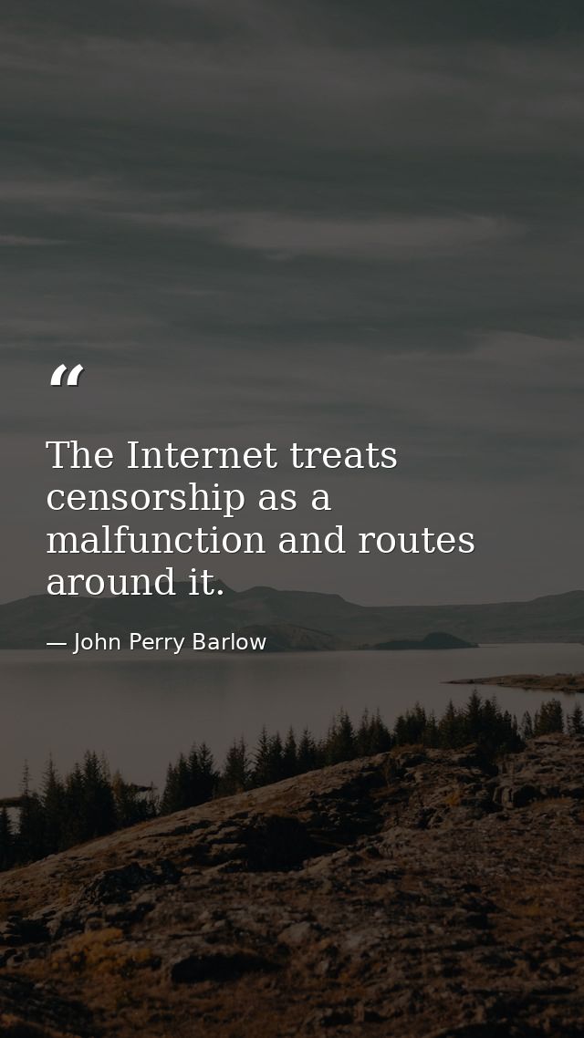 The Internet treats censorship as a malfunction and routes around it. — John Perry Barlow