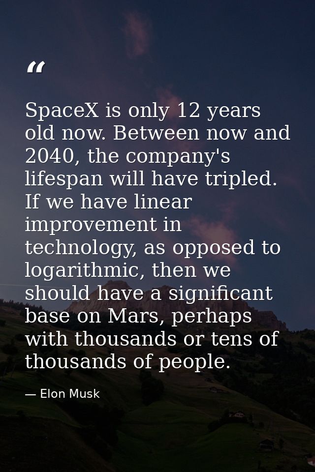 SpaceX is only 12 years old now. Between now and 2040, the company's lifespan will have tripled. If we have linear impro — Elon Musk