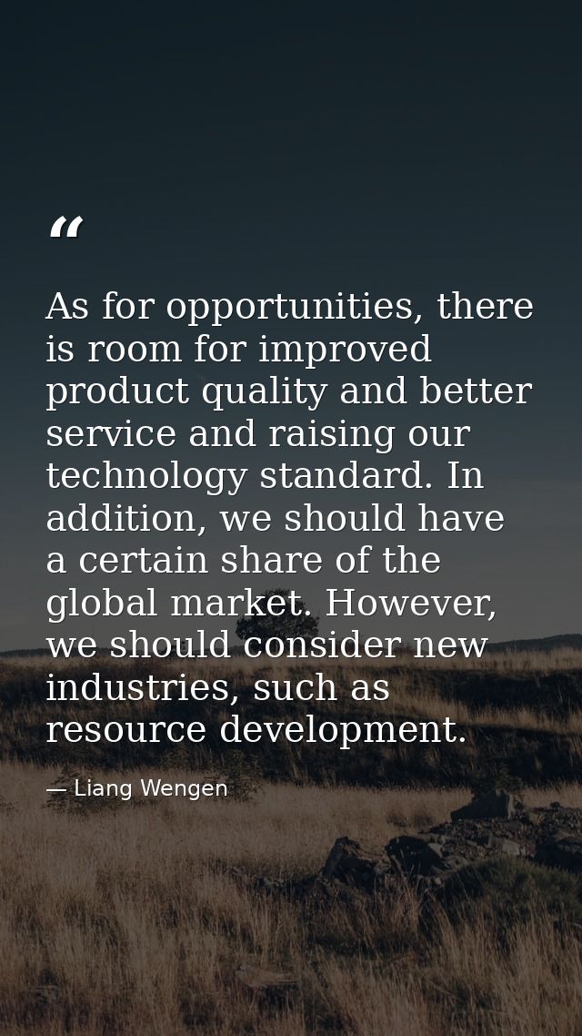 As for opportunities, there is room for improved product quality and better service and raising our technology standard. — Liang Wengen