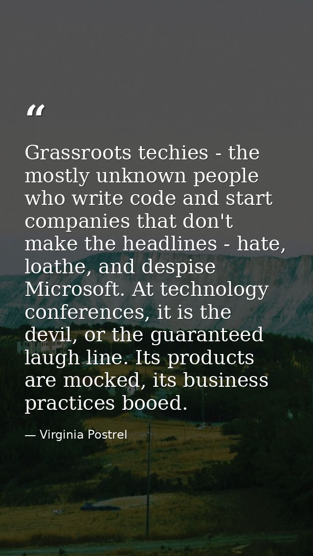 Grassroots techies - the mostly unknown people who write code and start companies that don't make the headlines - hate,  — Virginia Postrel