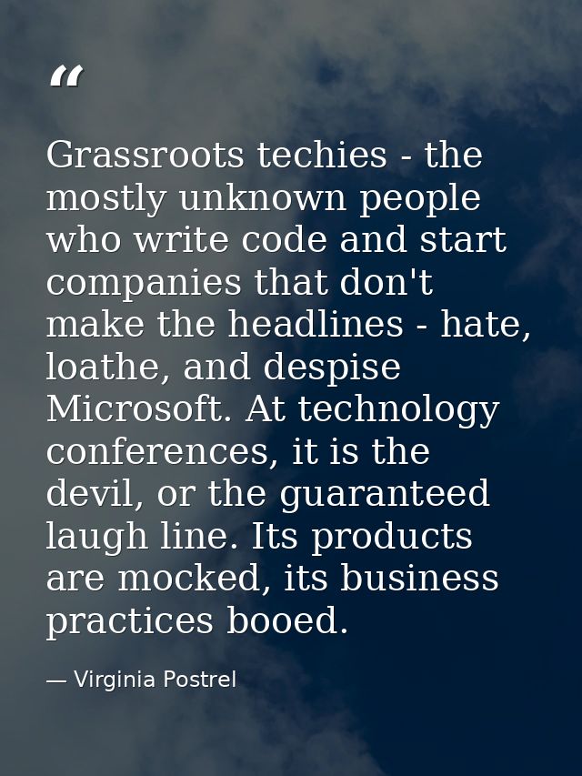 Grassroots techies - the mostly unknown people who write code and start companies that don't make the headlines - hate,  — Virginia Postrel