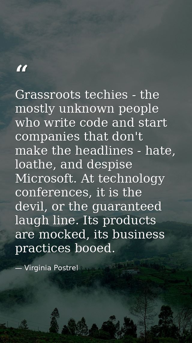 Grassroots techies - the mostly unknown people who write code and start companies that don't make the headlines - hate,  — Virginia Postrel