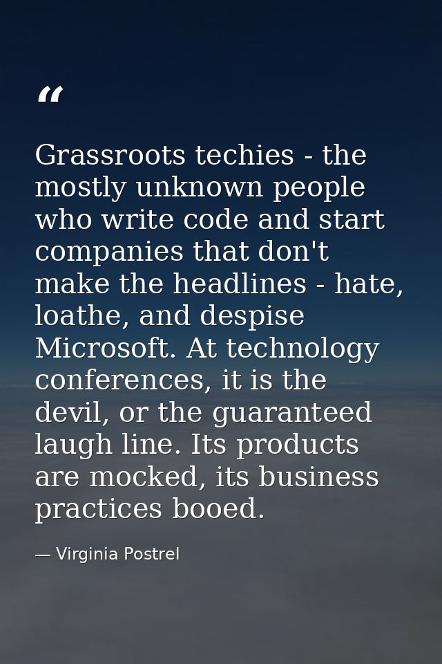 Grassroots techies - the mostly unknown people who write code and start companies that don't make the headlines - hate,  — Virginia Postrel