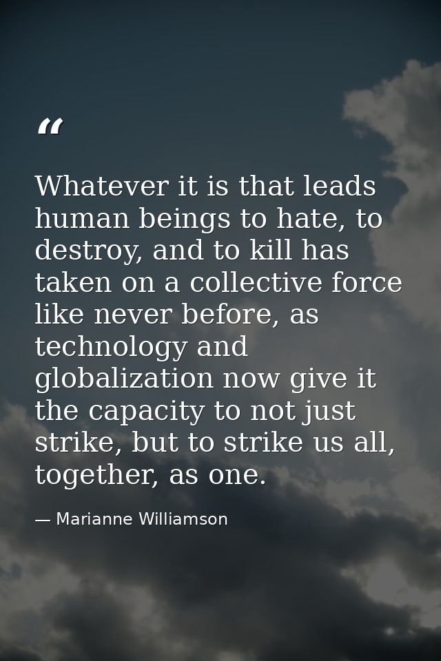 Whatever it is that leads human beings to hate, to destroy, and to kill has taken on a collective force like never befor — Marianne Williamson