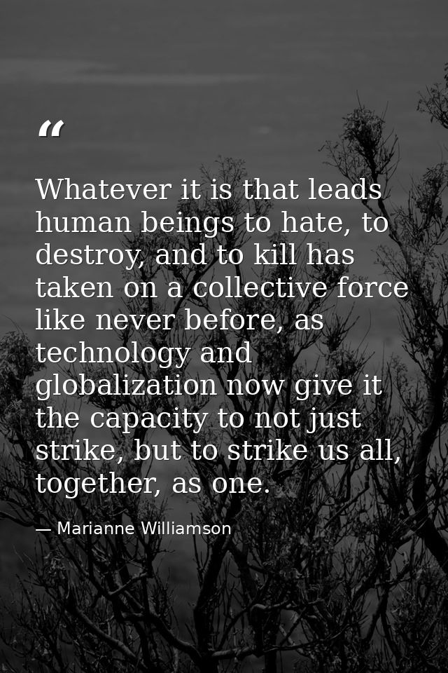 Whatever it is that leads human beings to hate, to destroy, and to kill has taken on a collective force like never befor — Marianne Williamson
