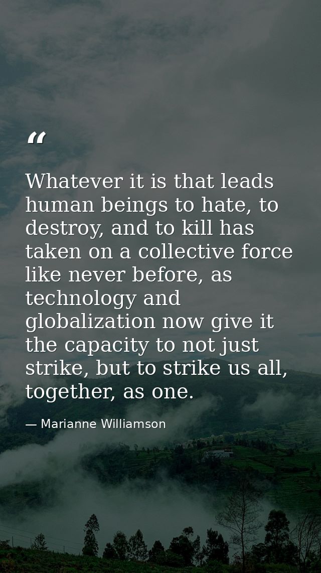 Whatever it is that leads human beings to hate, to destroy, and to kill has taken on a collective force like never befor — Marianne Williamson