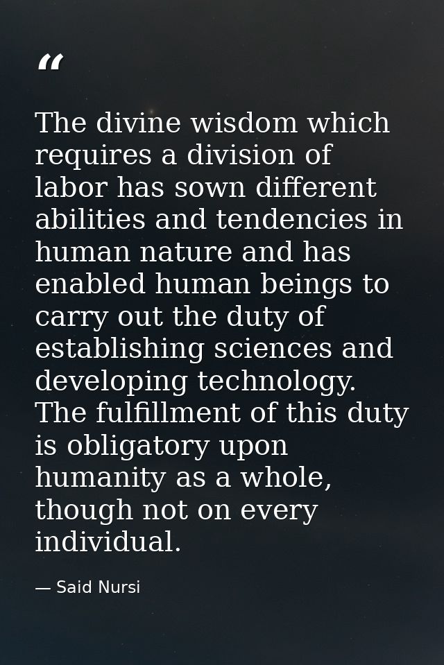 The divine wisdom which requires a division of labor has sown different abilities and tendencies in human nature and has — Said Nursi