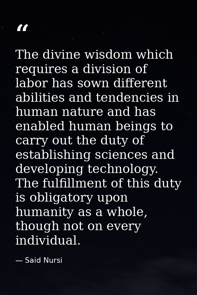 The divine wisdom which requires a division of labor has sown different abilities and tendencies in human nature and has — Said Nursi