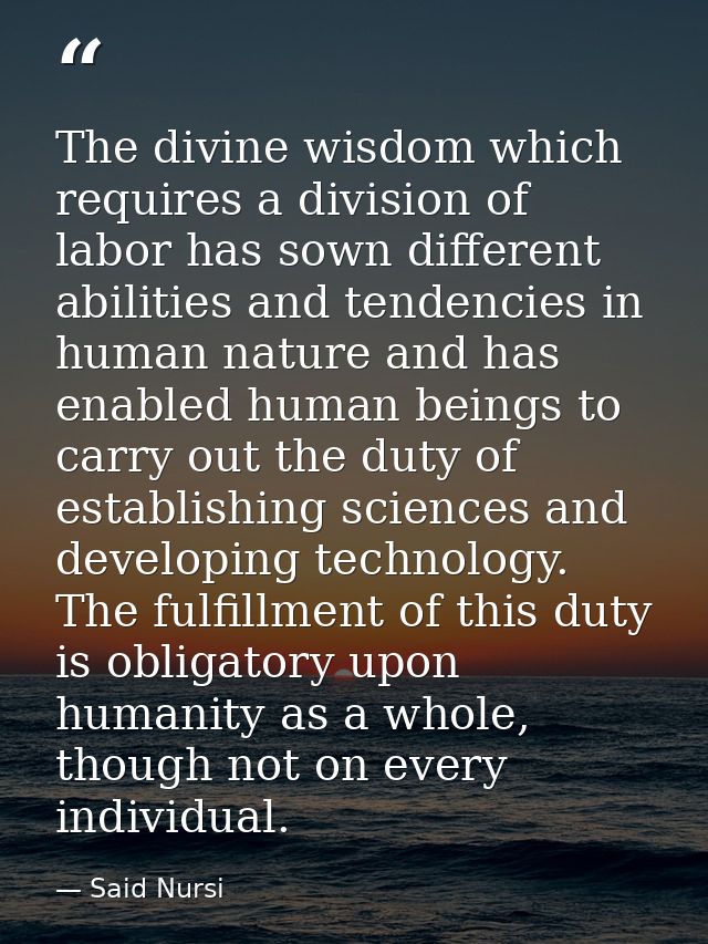 The divine wisdom which requires a division of labor has sown different abilities and tendencies in human nature and has — Said Nursi