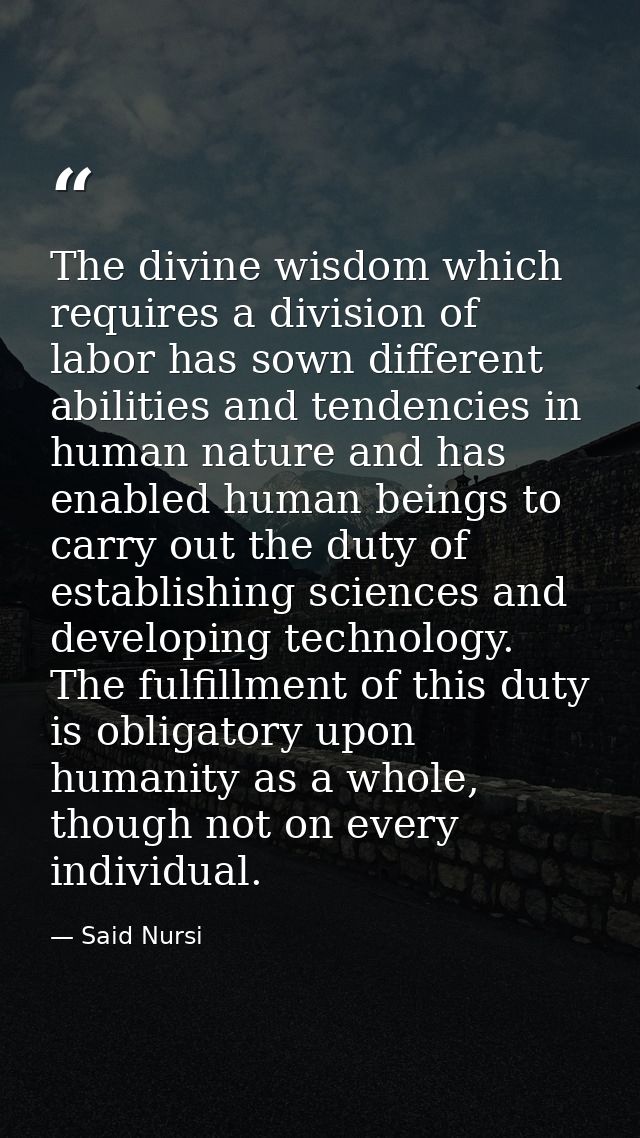 The divine wisdom which requires a division of labor has sown different abilities and tendencies in human nature and has — Said Nursi