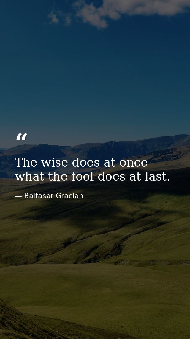 The wise does at once what the fool does at last. — Baltasar Gracian