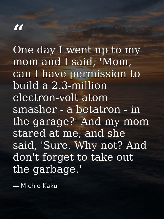 One day I went up to my mom and I said, 'Mom, can I have permission to build a 2.3-million electron-volt atom smasher -  — Michio Kaku