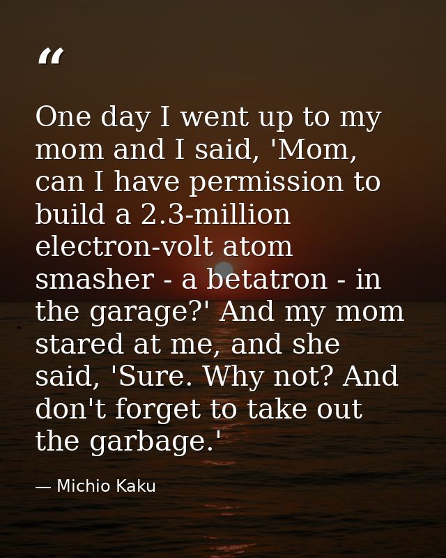 One day I went up to my mom and I said, 'Mom, can I have permission to build a 2.3-million electron-volt atom smasher -  — Michio Kaku