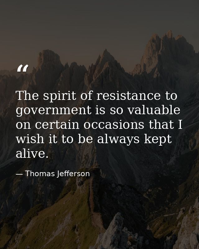 The spirit of resistance to government is so valuable on certain occasions that I wish it to be always kept alive. — Thomas Jefferson