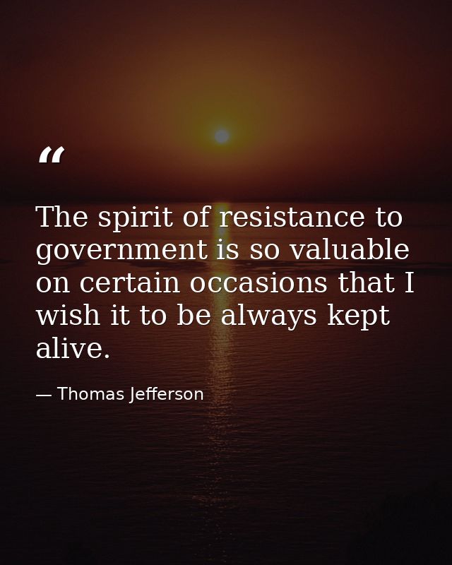 The spirit of resistance to government is so valuable on certain occasions that I wish it to be always kept alive. — Thomas Jefferson