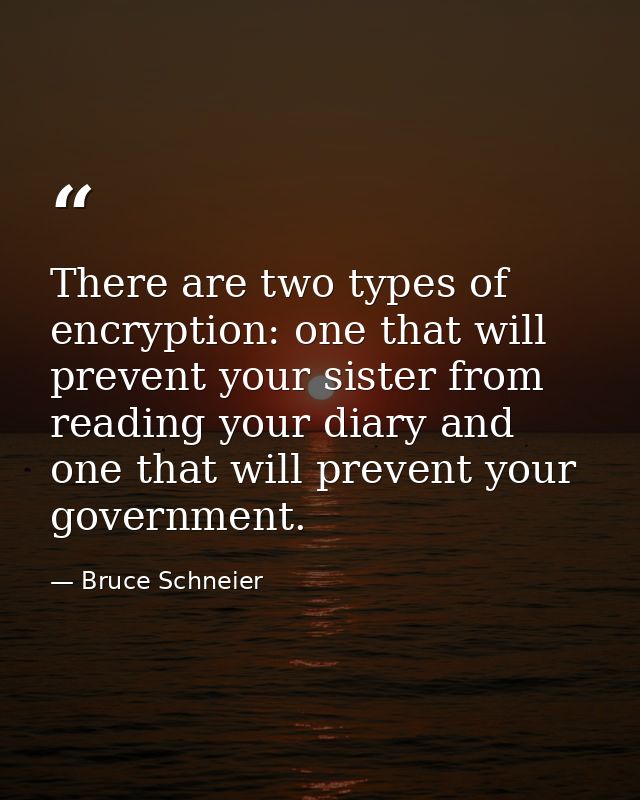 There are two types of encryption: one that will prevent your sister from reading your diary and one that will prevent y — Bruce Schneier