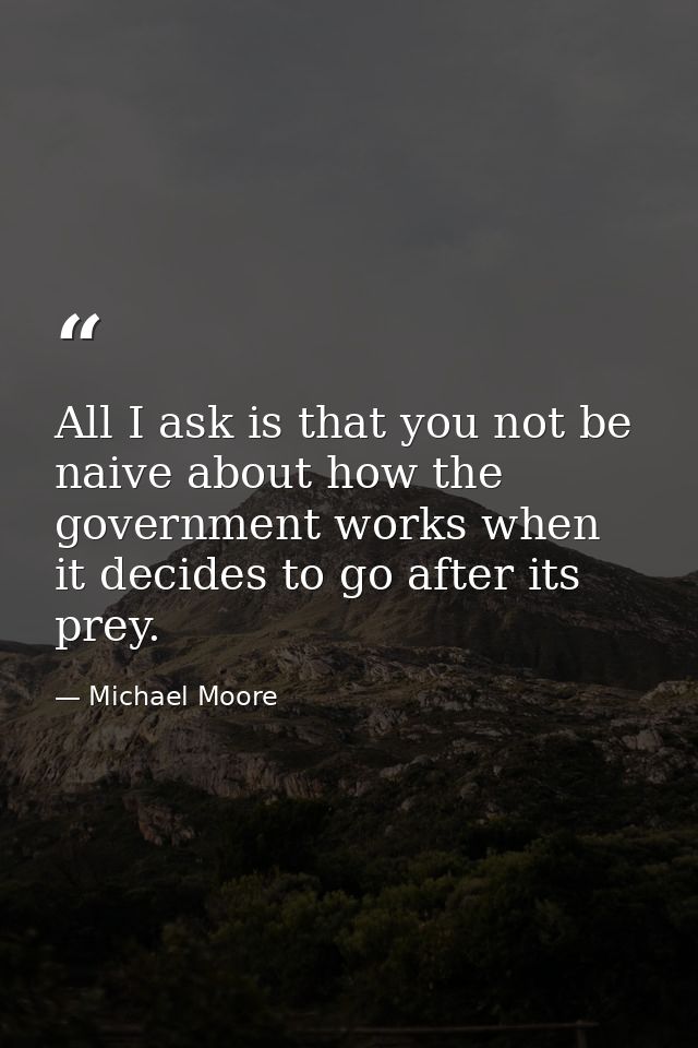 All I ask is that you not be naive about how the government works when it decides to go after its prey. — Michael Moore
