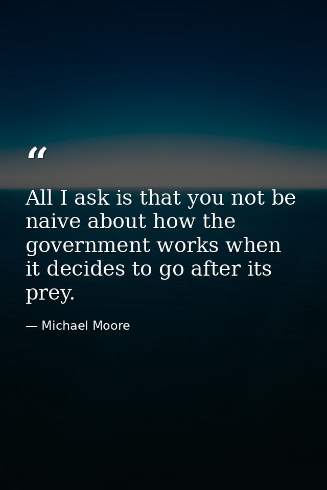 All I ask is that you not be naive about how the government works when it decides to go after its prey. — Michael Moore