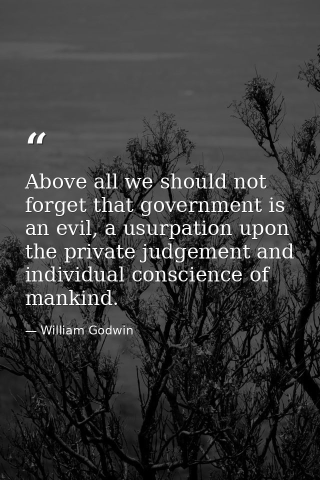 Above all we should not forget that government is an evil, a usurpation upon the private judgement and individual consci — William Godwin