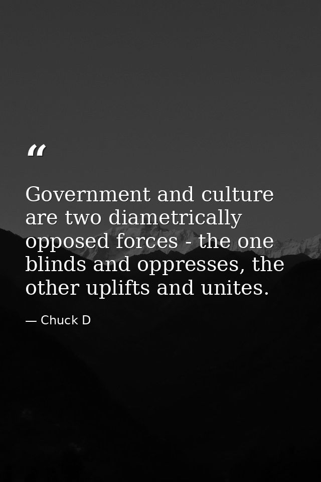 Government and culture are two diametrically opposed forces - the one blinds and oppresses, the other uplifts and unites — Chuck D
