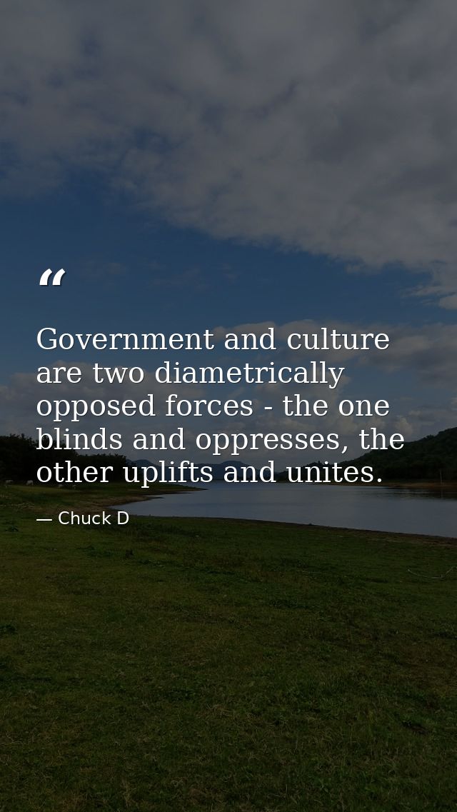 Government and culture are two diametrically opposed forces - the one blinds and oppresses, the other uplifts and unites — Chuck D