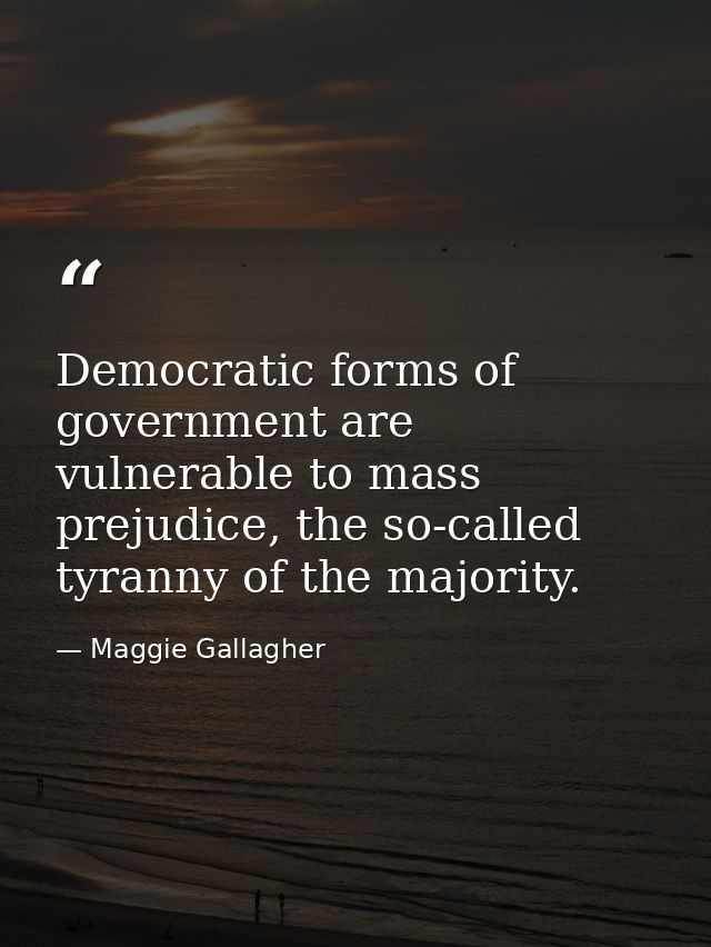 Democratic forms of government are vulnerable to mass prejudice, the so-called tyranny of the majority. — Maggie Gallagher
