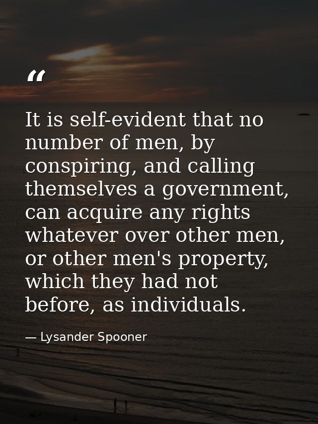 It is self-evident that no number of men, by conspiring, and calling themselves a government, can acquire any rights wha — Lysander Spooner