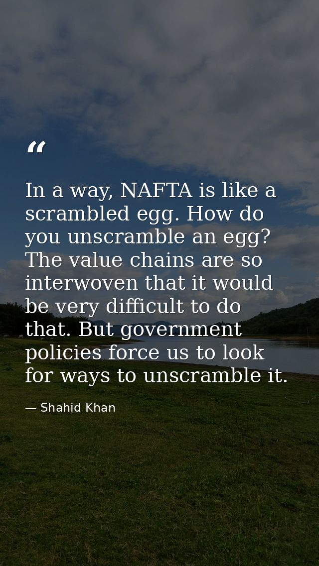 In a way, NAFTA is like a scrambled egg. How do you unscramble an egg? The value chains are so interwoven that it would  — Shahid Khan