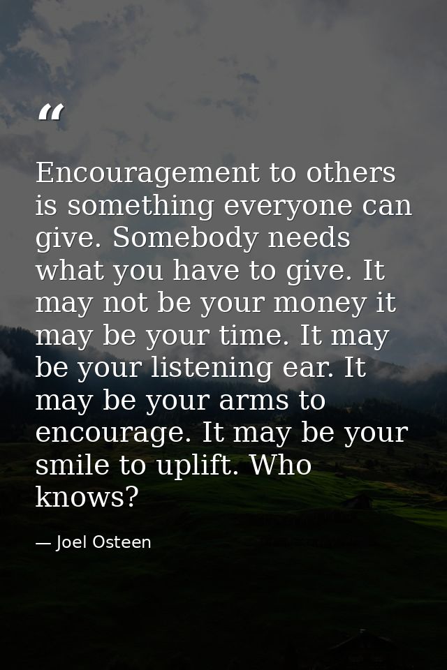 Encouragement to others is something everyone can give. Somebody needs what you have to give. It may not be your money i — Joel Osteen