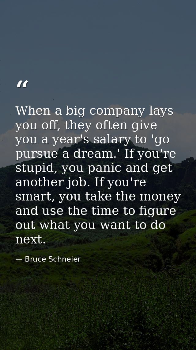 When a big company lays you off, they often give you a year's salary to 'go pursue a dream.' If you're stupid, you panic — Bruce Schneier