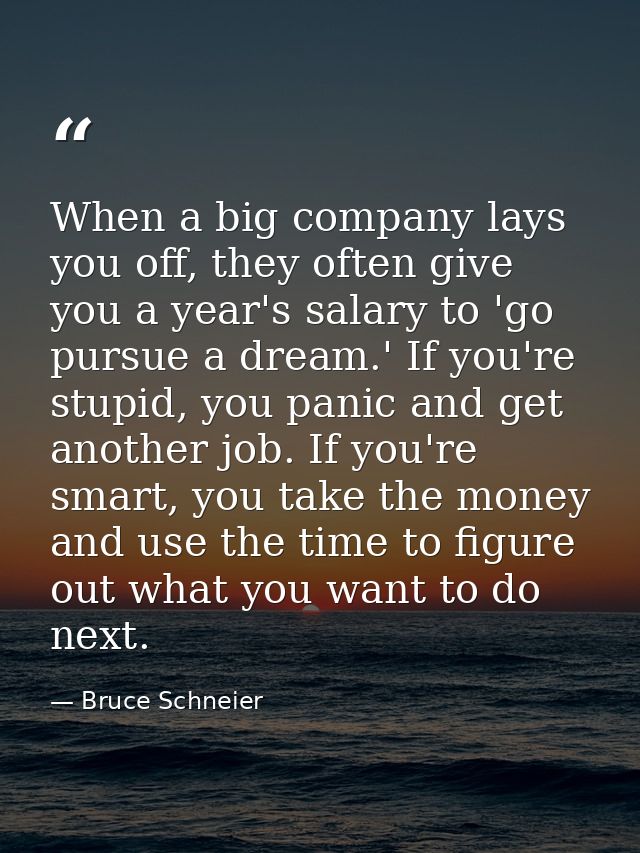 When a big company lays you off, they often give you a year's salary to 'go pursue a dream.' If you're stupid, you panic — Bruce Schneier
