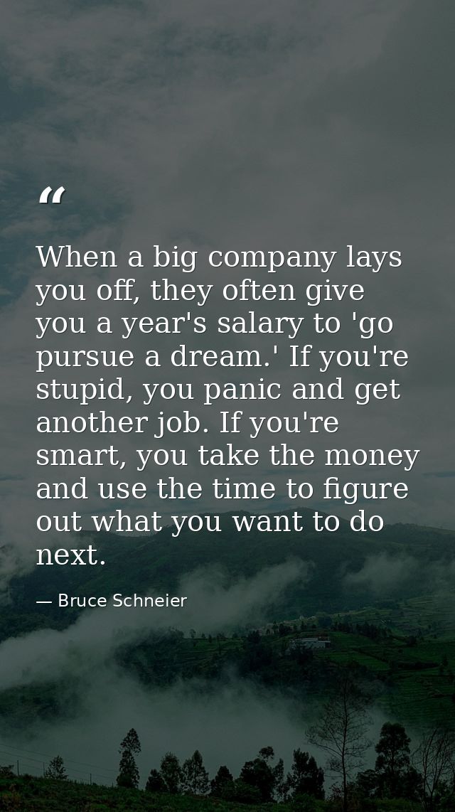 When a big company lays you off, they often give you a year's salary to 'go pursue a dream.' If you're stupid, you panic — Bruce Schneier