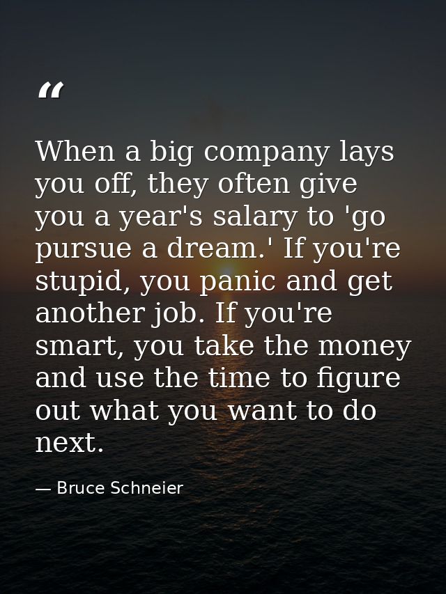 When a big company lays you off, they often give you a year's salary to 'go pursue a dream.' If you're stupid, you panic — Bruce Schneier