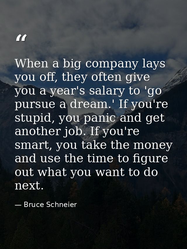 When a big company lays you off, they often give you a year's salary to 'go pursue a dream.' If you're stupid, you panic — Bruce Schneier