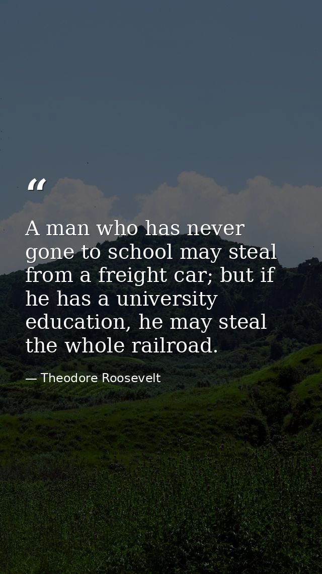 A man who has never gone to school may steal from a freight car; but if he has a university education, he may steal the  — Theodore Roosevelt
