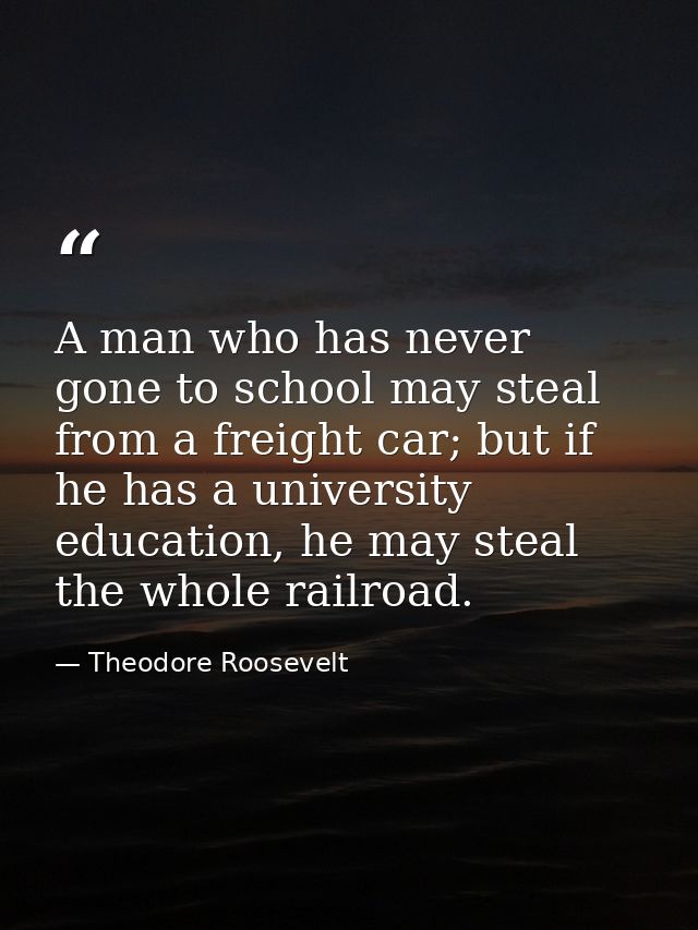 A man who has never gone to school may steal from a freight car; but if he has a university education, he may steal the  — Theodore Roosevelt