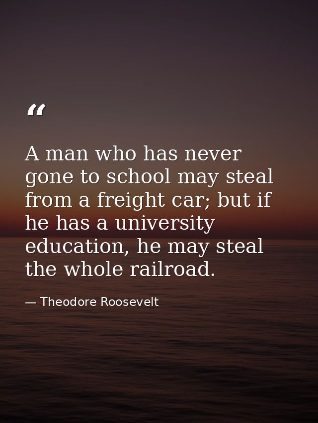 A man who has never gone to school may steal from a freight car; but if he has a university education, he may steal the  — Theodore Roosevelt