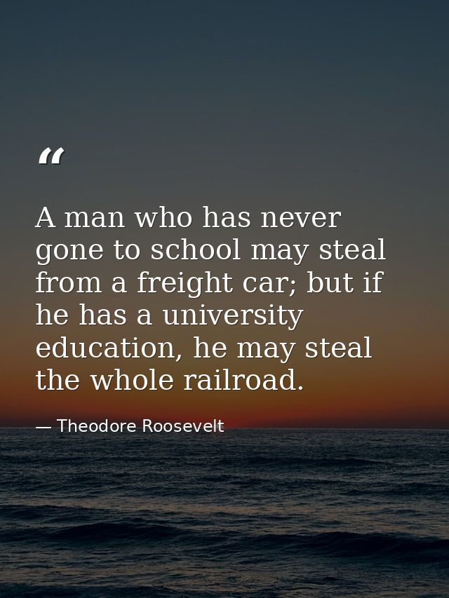 A man who has never gone to school may steal from a freight car; but if he has a university education, he may steal the  — Theodore Roosevelt