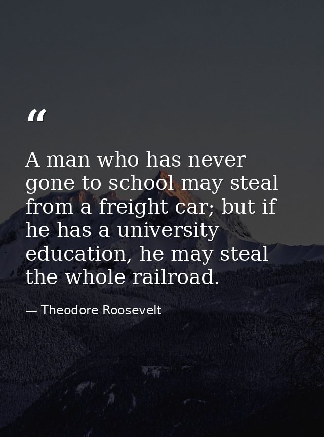 A man who has never gone to school may steal from a freight car; but if he has a university education, he may steal the  — Theodore Roosevelt