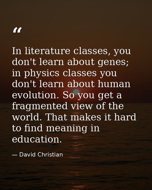 In literature classes, you don't learn about genes; in physics classes you don't learn about human evolution. So you get — David Christian