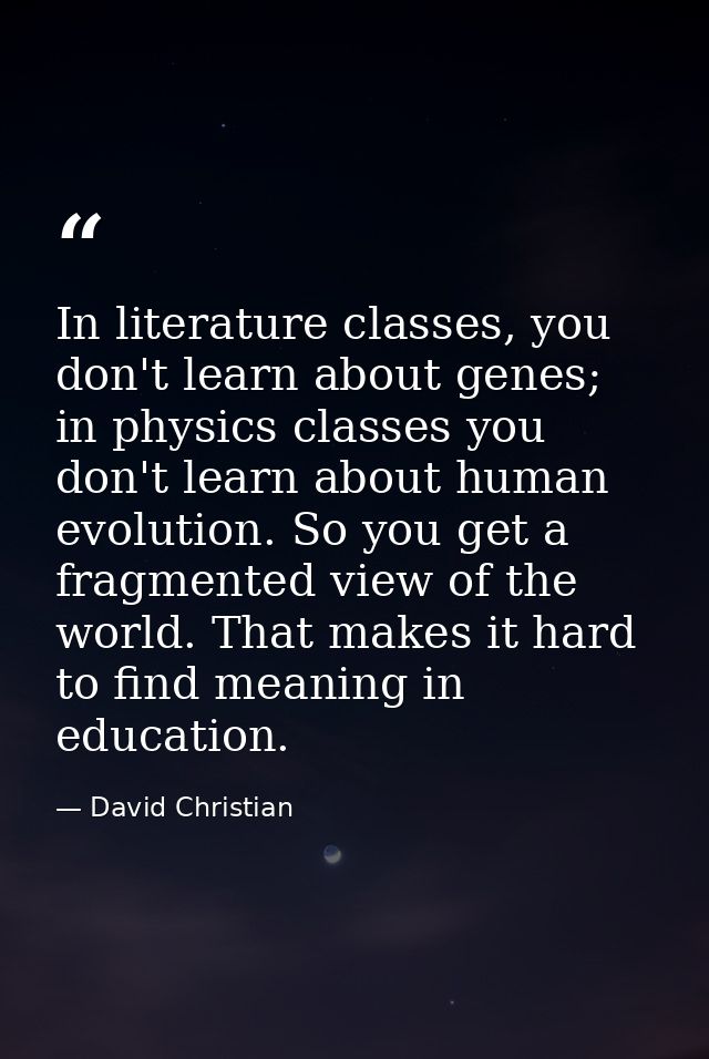 In literature classes, you don't learn about genes; in physics classes you don't learn about human evolution. So you get — David Christian