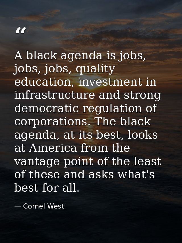 A black agenda is jobs, jobs, jobs, quality education, investment in infrastructure and strong democratic regulation of  — Cornel West