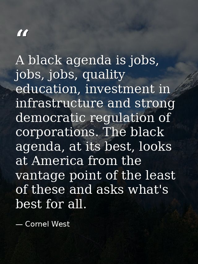 A black agenda is jobs, jobs, jobs, quality education, investment in infrastructure and strong democratic regulation of  — Cornel West