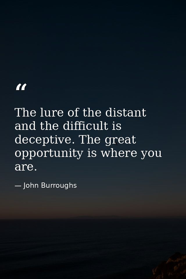The lure of the distant and the difficult is deceptive. The great opportunity is where you are. — John Burroughs