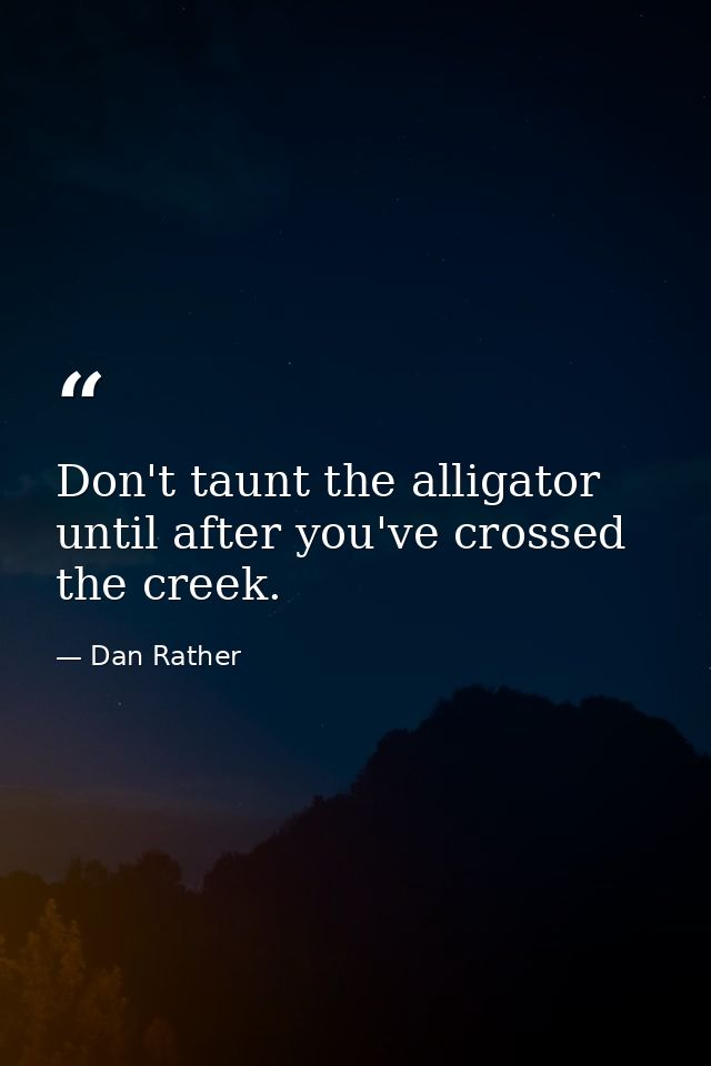 Don't taunt the alligator until after you've crossed the creek. — Dan Rather