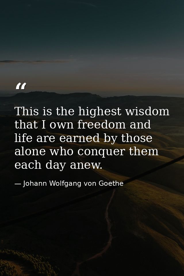 This is the highest wisdom that I own freedom and life are earned by those alone who conquer them each day anew. — Johann Wolfgang von Goethe