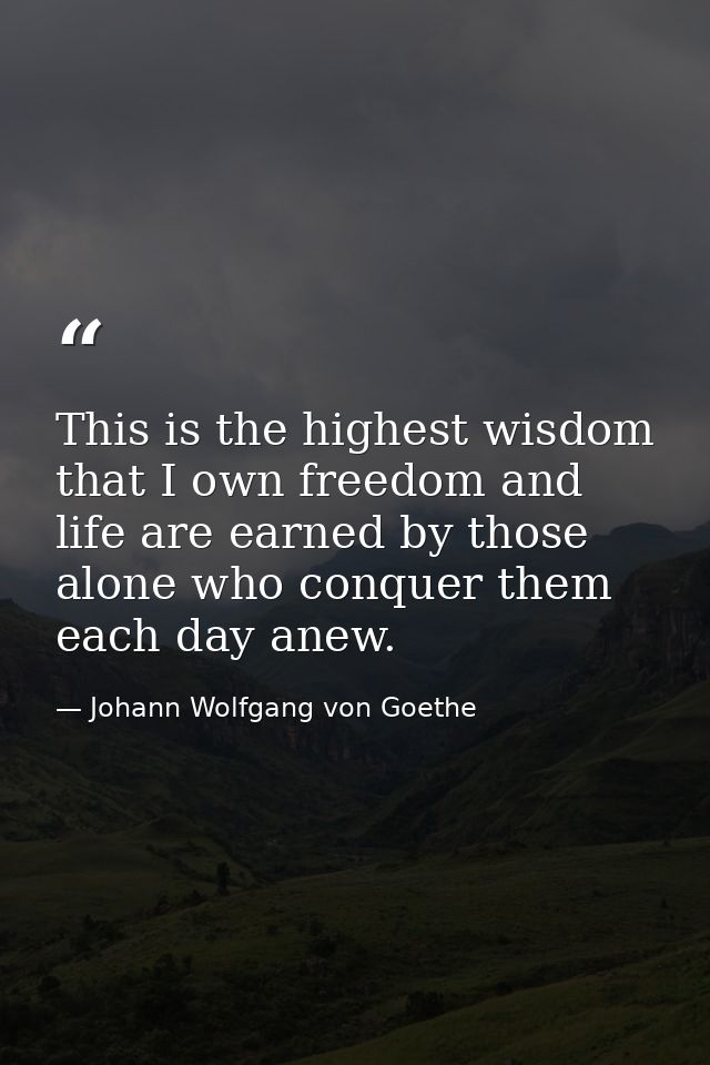 This is the highest wisdom that I own freedom and life are earned by those alone who conquer them each day anew. — Johann Wolfgang von Goethe