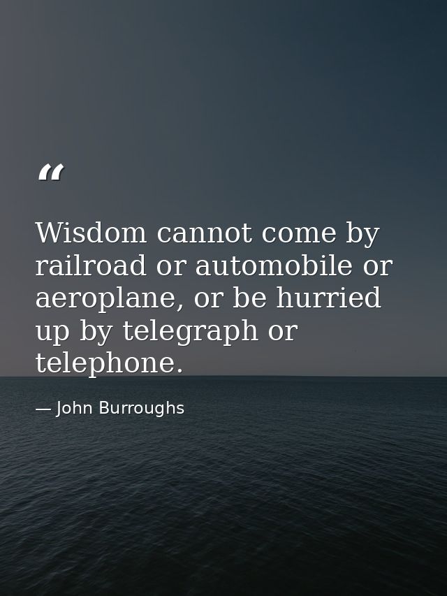 Wisdom cannot come by railroad or automobile or aeroplane, or be hurried up by telegraph or telephone. — John Burroughs